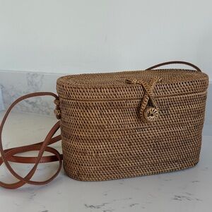 Rattan Bohemian Woven Bag with Leather Crossbody Strap